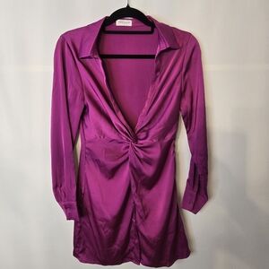 Vestique Women's Size S button down deep-V, silky L/Sl midi shirt dress